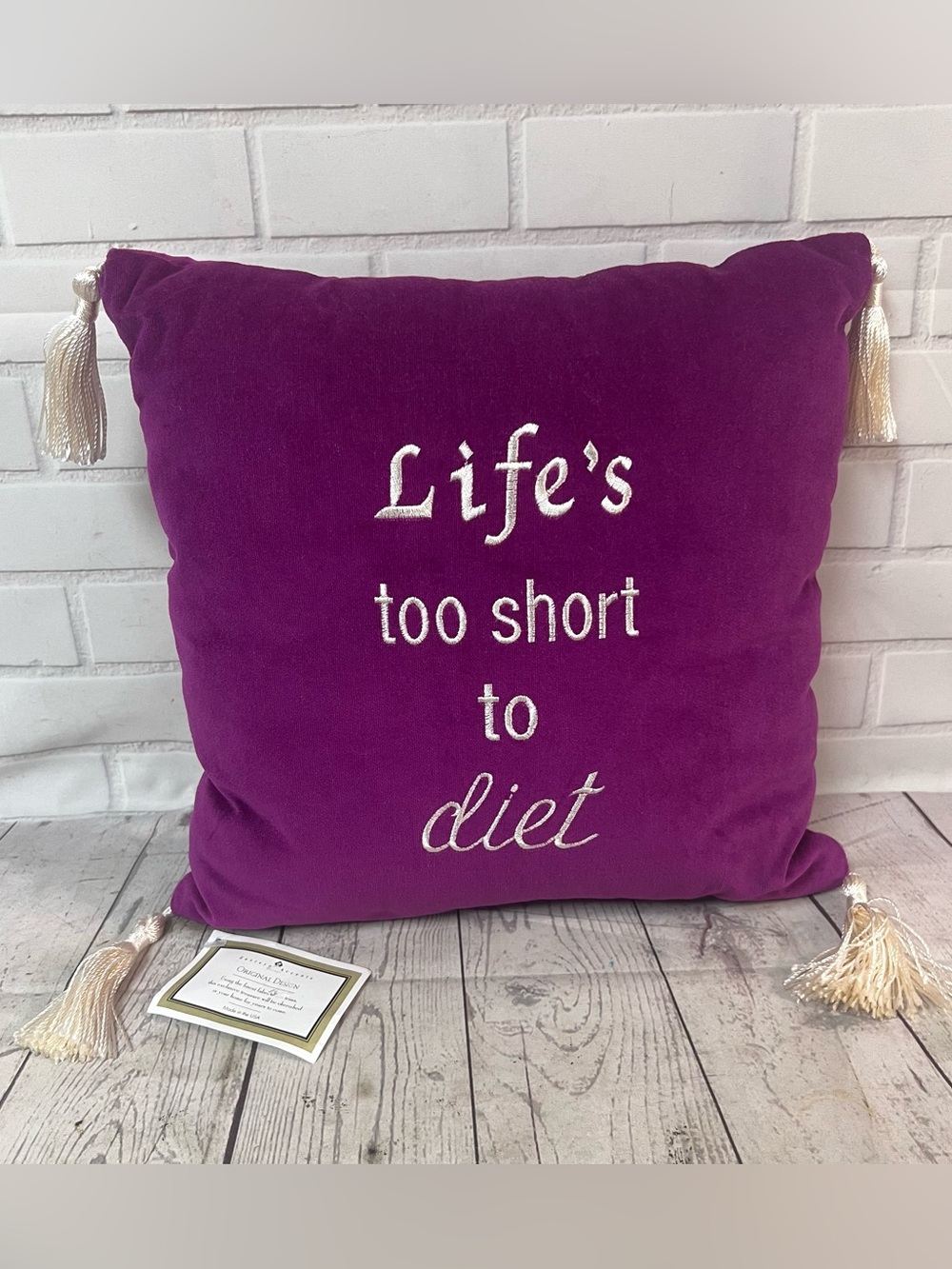 Eastern Accents Throw Pillow Life’s Too Short To Diet Velvet Purple 12x12 NWT